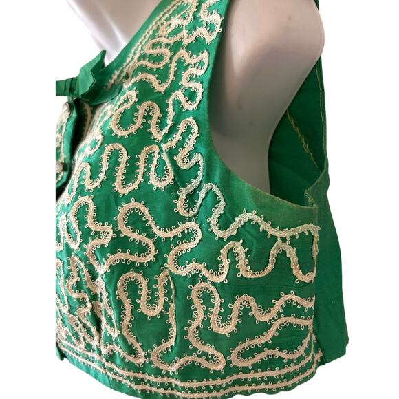 Vtg Green Crop Blouse Sleeveless Cream Embroidered Trim Homemade Sz Sm - Picture 5 of 9